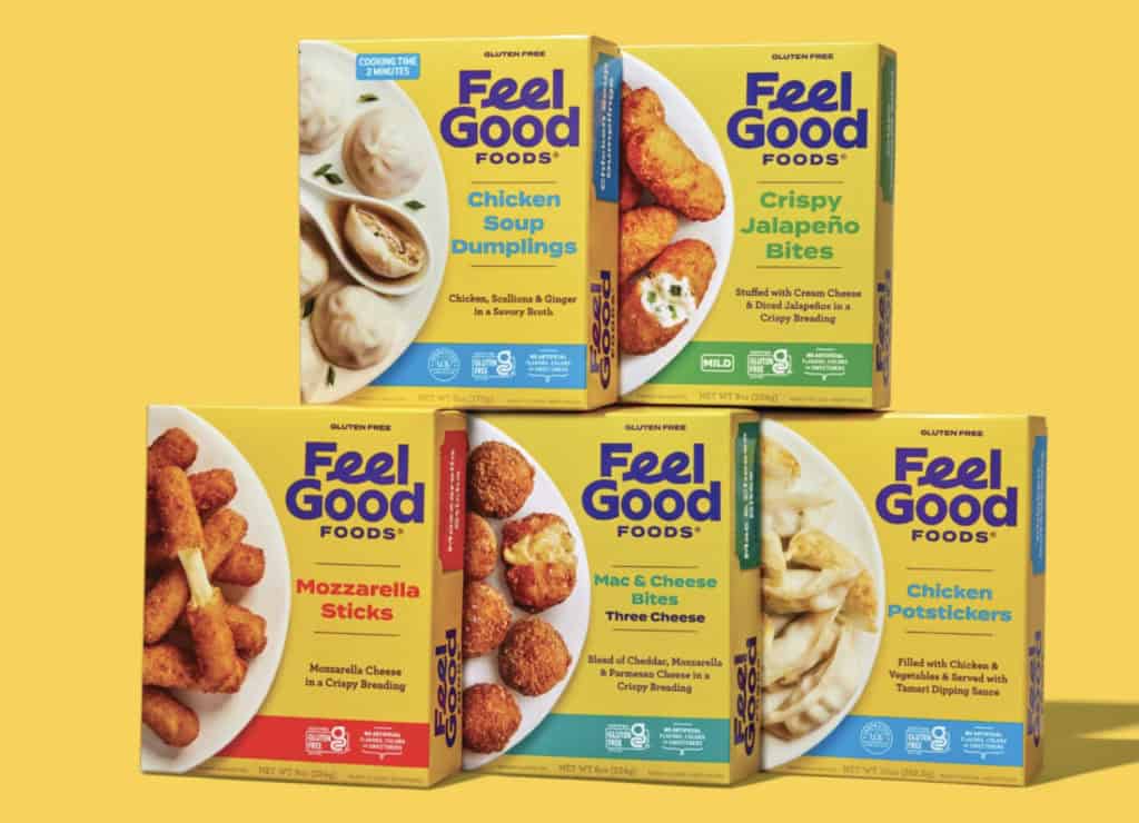 Boxes of Feel Good Food frozen gluten free appetizers